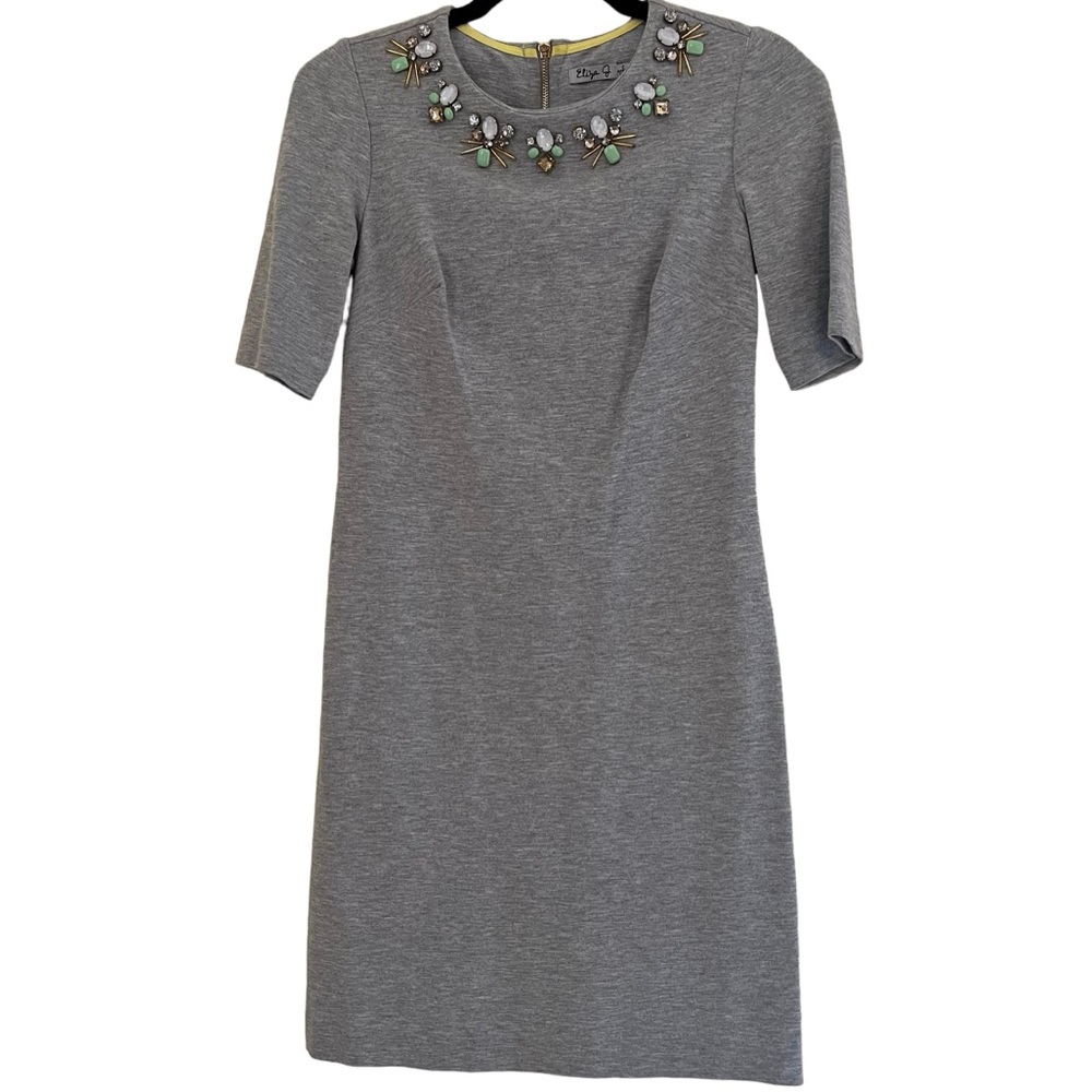 Eliza J. Grey Ponte Short Sleeve Sheath Dress with Rhinestone Embellishment